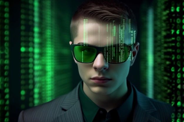 Especialista en TI con gafas inteligentes y ai generativa de matriz verde del ciberespacio