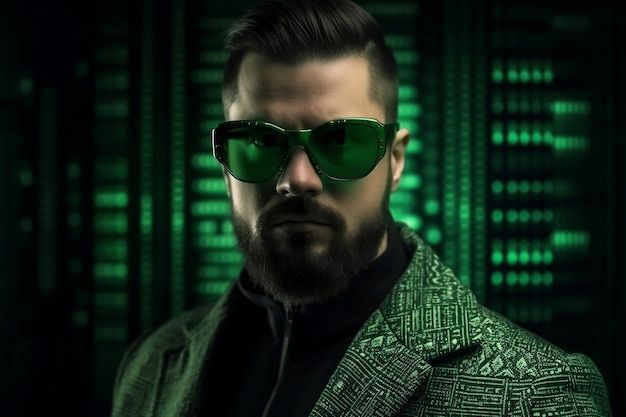 Especialista en TI con gafas inteligentes y ai generativa de matriz verde del ciberespacio