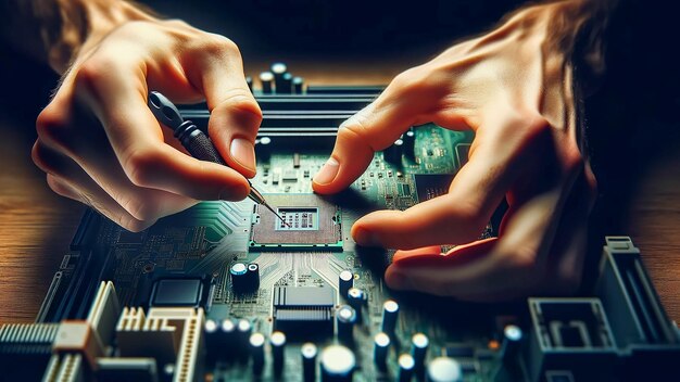 Foto especialista en ti instalando un microchip en una placa de cpu el enfoque está en las manos de los especialistas