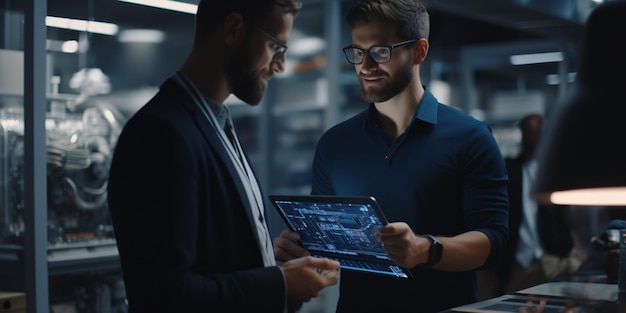 Foto especialista en ti masculino sostiene una computadora portátil y discute el trabajo con el técnico del servidor