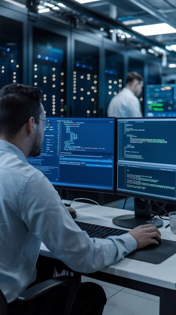 Especialista en TI trabaja en computadoras personales con pantallas que muestran programas de software con lenguaje de codificación