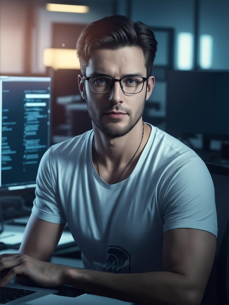 Especialista en TI vestido con una camiseta blanca con gafas de lectura monitores de computadoras y código