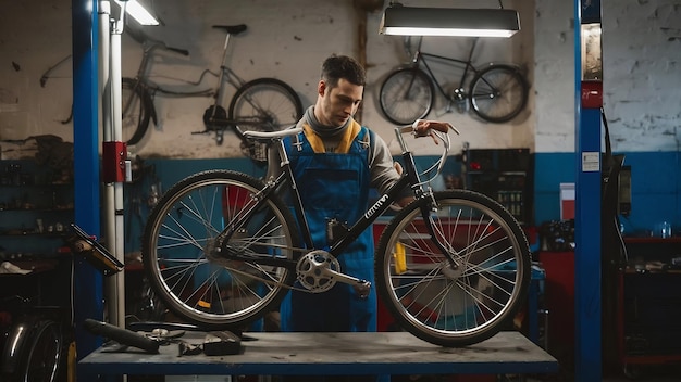 Especialista en trajes que trabajan con bicicletas motorizadas en el garaje de reparación