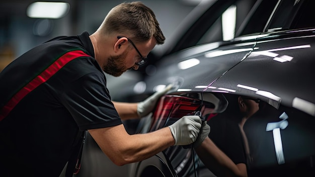 Especialistas em reparos de carrocerias de automóveis trabalham meticulosamente para consertar um amassado no para-choque do carro, restaurando a aparência e a integridade estrutural com precisão Gerado por IA