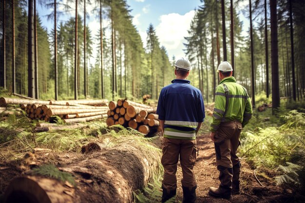 Especialistas forestales masculinos inspeccionan el bosque talado