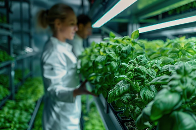 Especialistas de la granja de plantas verticales hablando en un ascensor con un estante de cultivos de albahaca fresca Agricultores femeninos y masculinos trabajando en interiores Granja hidropónica multicapa con iluminación LED en el fondo