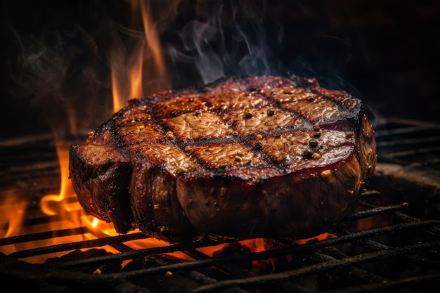 especiarias apetitosas bife de carne grelhando sobre a grelha em chamas comida gourmet comida deliciosa