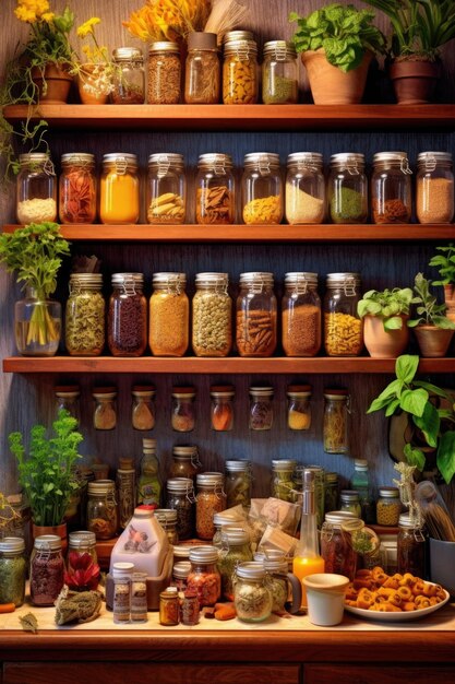 Especiarias e ervas organizadas em uma prateleira de cozinha criada com IA generativa