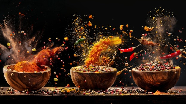 Especiarias e pimentas coloridas em tigelas de madeira voando sobre um fundo preto Especiárias e condimentos em pó salpicadas Fotografia em movimento congelada