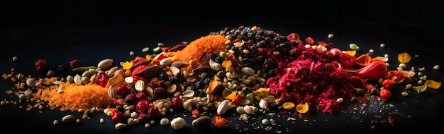 Especiarias e sementes multicoloridas estão espalhadas sobre um fundo preto
