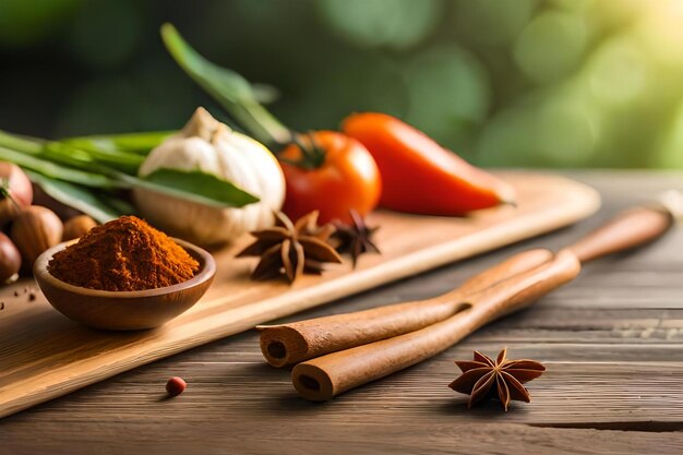 especiarias em uma mesa de madeira com fundo verde