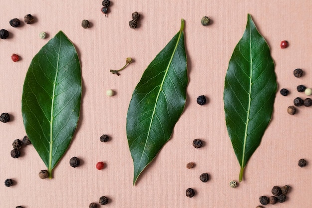 Especiarias feitas de pimenta branca e rosa preta e folha de louro em um fundo rosa Uma imagem para o seu texto