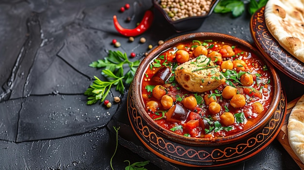 especias de ajo y pan pita estofado vegetariano libanés con berenjena berenjena y guiso de garbanzo