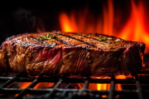 especias apetitosas filete de res chisporroteando sobre la parrilla en llamas comida gourmet comida deliciosa