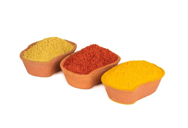 Las especias de colores indios también se conocen como polvo de chile rojo, polvo de cúrcuma, polvo de cilantro, mirchi, mirch, haldi, polvo de Dhaniya aislado sobre fondo blanco.