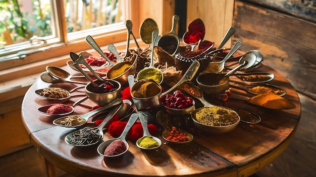 Especias en cucharas en una mesa de madera