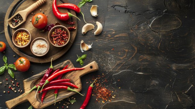 Especias, hierbas y verduras en una mesa de madera rústica