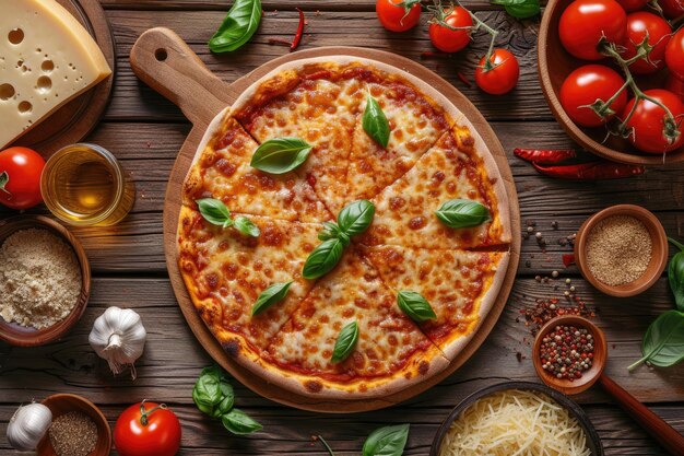 Foto las especias de queso servidas en una mesa de madera rústica de estilo italiano pizza margherita