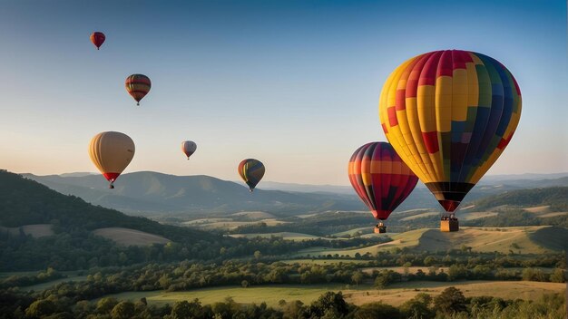 Específicos globos de aire caliente sobre un paisaje sereno