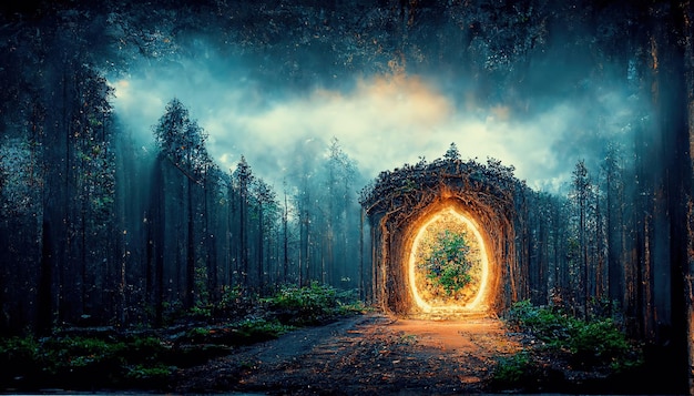 Espectacular arco de portal en bosque de fantasía Arte digital Ilustración 3D