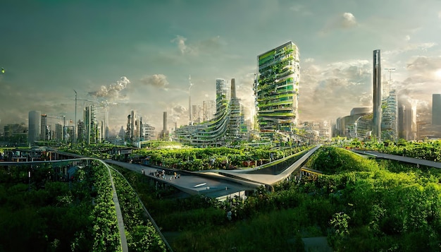 Espectacular arte digital 3D ilustración eco ciudad futurista abundante en árboles