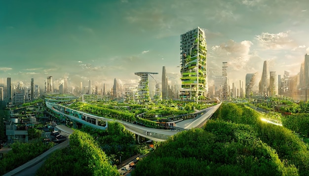Espectacular arte digital ilustración 3D eco ciudad futurista abundante en árboles