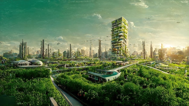 Espectacular arte digital ilustración 3D eco ciudad futurista abundante en árboles
