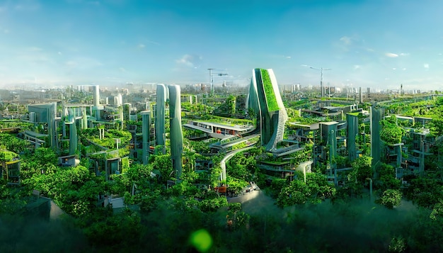 Espectacular arte digital ilustración 3D eco ciudad futurista abundante en árboles