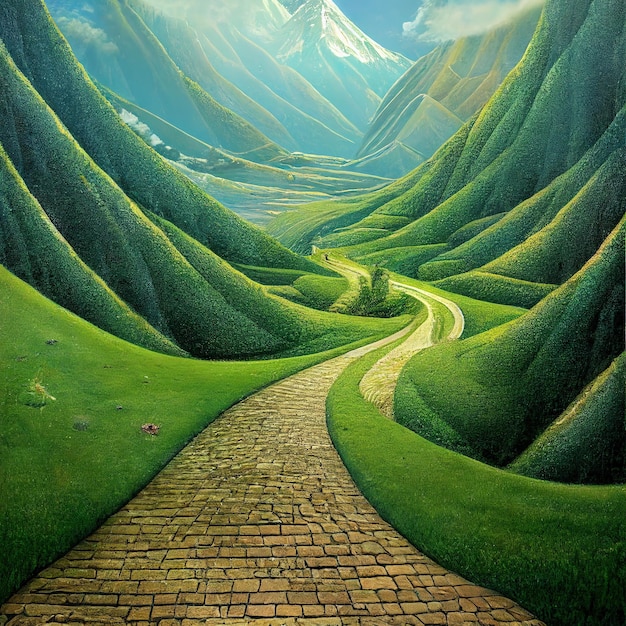 Espectacular arte digital ilustración 3D vista del paisaje del valle debajo de la montaña