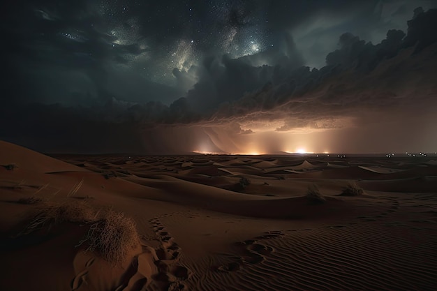 Espectacular cielo nocturno lleno de relámpagos visibles incluso a través de las pesadas nubes de polvo y arena