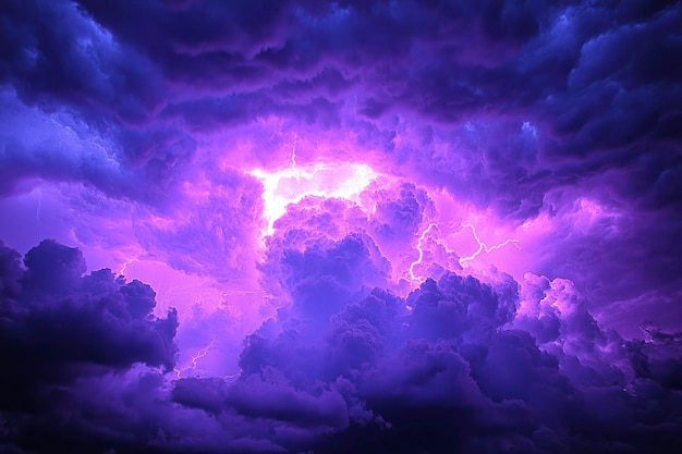 Un espectacular cielo púrpura con relámpagos que iluminan las nubes cumulus