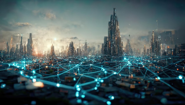 Espectacular concepto de alta velocidad en la ciudad futurista arte digital ilustración 3D