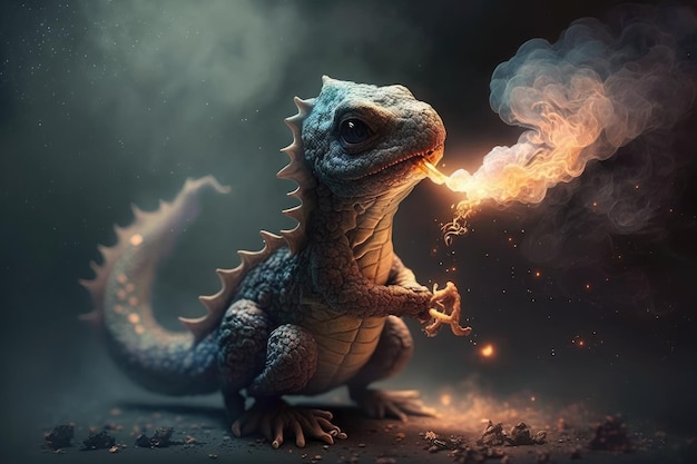 Espectacular efecto de humo y fuego alrededor del simpático dragón