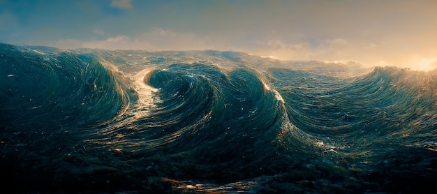 Espectacular escena abstracta de un maremoto oceánico Arte digital Ilustración 3D