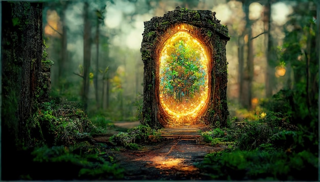 Espectacular escena de fantasía con un arco de portal cubierto de enredaderas En el mundo de fantasía, la antigua puerta de piedra mágica muestra otra realidad Arte digital Ilustración 3D