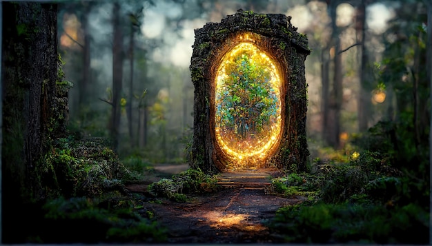 Espectacular escena de fantasía con un arco de portal cubierto de enredaderas en el mundo de la fantasía antigua puerta de piedra mágica muestran otra dimensión arte digital ilustración 3D