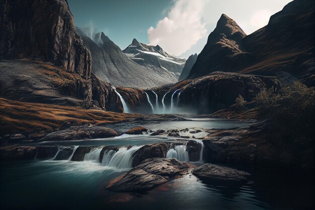 Una espectacular escena de montaña con cascadas y un tranquilo lago generativo.