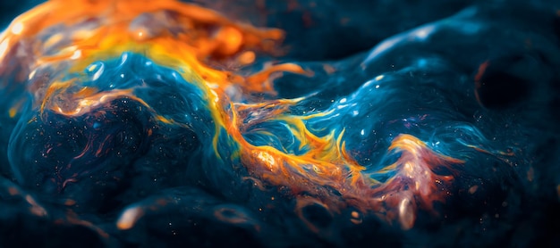 Espectacular escena de tinta azul naranja que se mueve alrededor de la ilustración 3D de arte digital