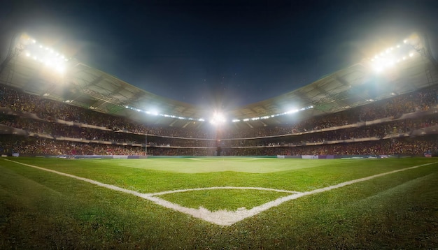 Espectacular estadio de fútbol iluminado por la noche con aficionados entusiastas que llenan las gradas y una atmósfera vibrante durante un emocionante partido
