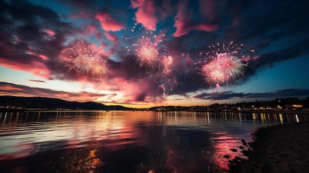 Espectacular exhibición de fuegos artificiales que iluminan el cielo nocturno.