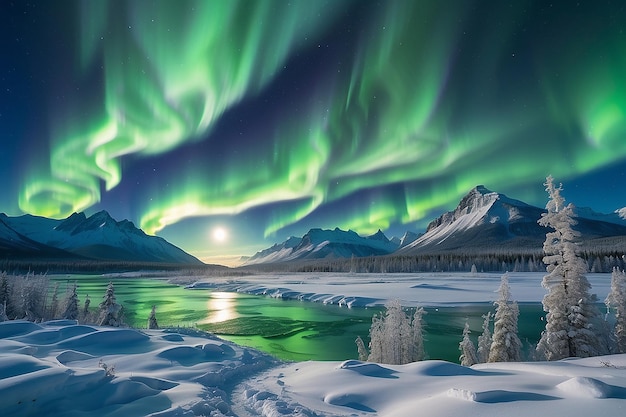 Foto espectacular exhibición de intensas luces del norte o auroras boreales o luces polares que forman remolinos verdes y luna detrás de nieblas de hielo sobre el paisaje nevado de taiga de invierno del territorio de yukon, canadá