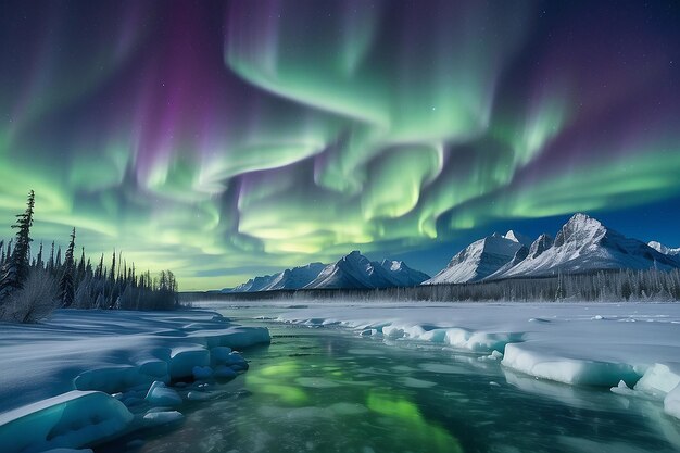 Foto espectacular exhibición de intensas luces del norte o auroras boreales o luces polares que forman remolinos verdes y luna detrás de nieblas de hielo sobre el paisaje nevado de taiga de invierno del territorio de yukon, canadá