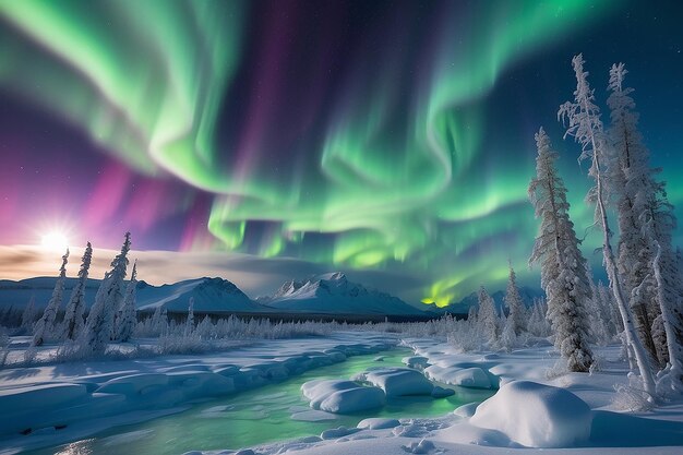 Foto espectacular exhibición de intensas luces del norte o auroras boreales o luces polares que forman remolinos verdes y luna detrás de nieblas de hielo sobre el paisaje nevado de taiga de invierno del territorio de yukon, canadá