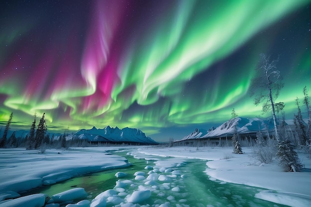 Foto espectacular exhibición de intensas luces del norte o auroras boreales o luces polares que forman remolinos verdes y luna detrás de nieblas de hielo sobre el paisaje nevado de taiga de invierno del territorio de yukon, canadá