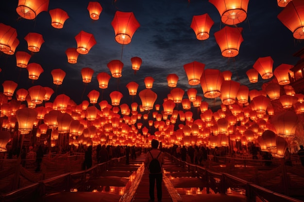 Espectacular exhibición de numerosas linternas rojas flotando en el aire Las linternas Rojas iluminan el festival del Año Nuevo Lunar Chino en Tailandia Generado por IA