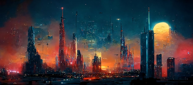 Espectacular futuro ciudad vehículo volador rascacielos arte digital ilustración 3D