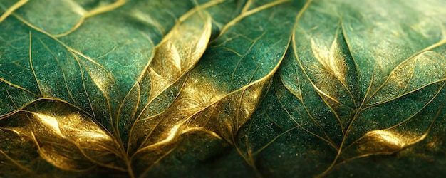Espectacular hoja verde y dorada con textura realista Ilustración digital 3D