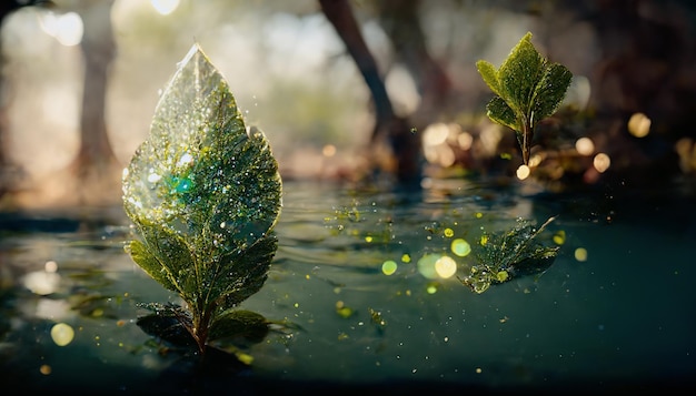 Espectacular hoja verde de fantasía flotando en el agua Ilustración digital 3D