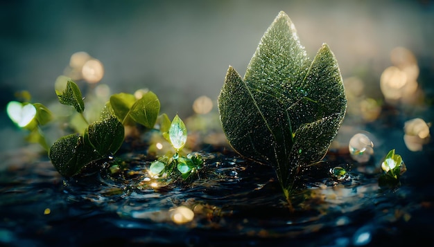 Espectacular hoja verde de fantasía flotando en el agua Ilustración digital 3D