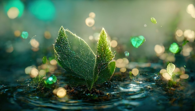 Espectacular hoja verde de fantasía flotando en el agua Ilustración digital 3D